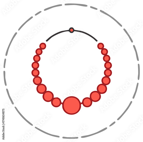 Stylized Red Beaded Necklace with a Central Large Bead and Decorative Circular Outline
