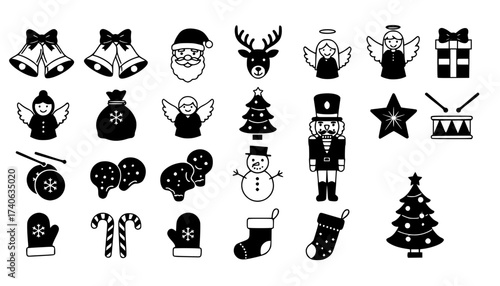 Christmas elements set icons design. Christmas collection of bells, santa, deer, angel, nutcracker, cookies, showman, snowstar, drums, mitten, candy, sock, tree