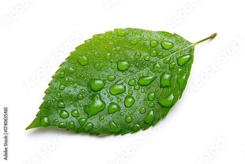 Vibrant green leaf glistening with fresh water droplets after a refreshing rain shower, symbolizing nature's purity and renewal