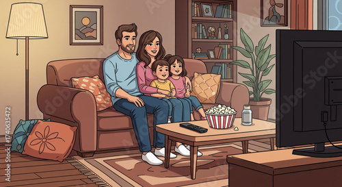 A family of four sits together on a couch in their living room, watching television.