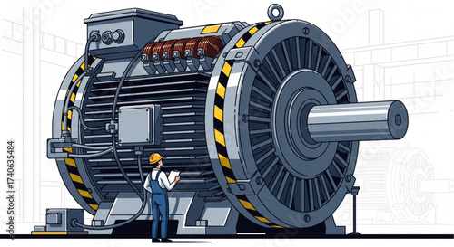 Illustration of a worker inspecting a large industrial electric motor with yellow and black safety stripes.