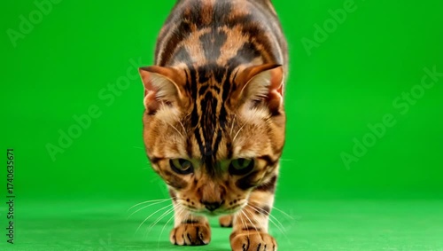 Bengal cat walking towards camera on green screen.