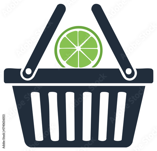 Shopping basket with a green lime slice. Grocery store and fresh food purchase icon.