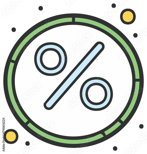 Percentage symbol icon within a green circular frame surrounded by decorative dots representing discount sale or finance