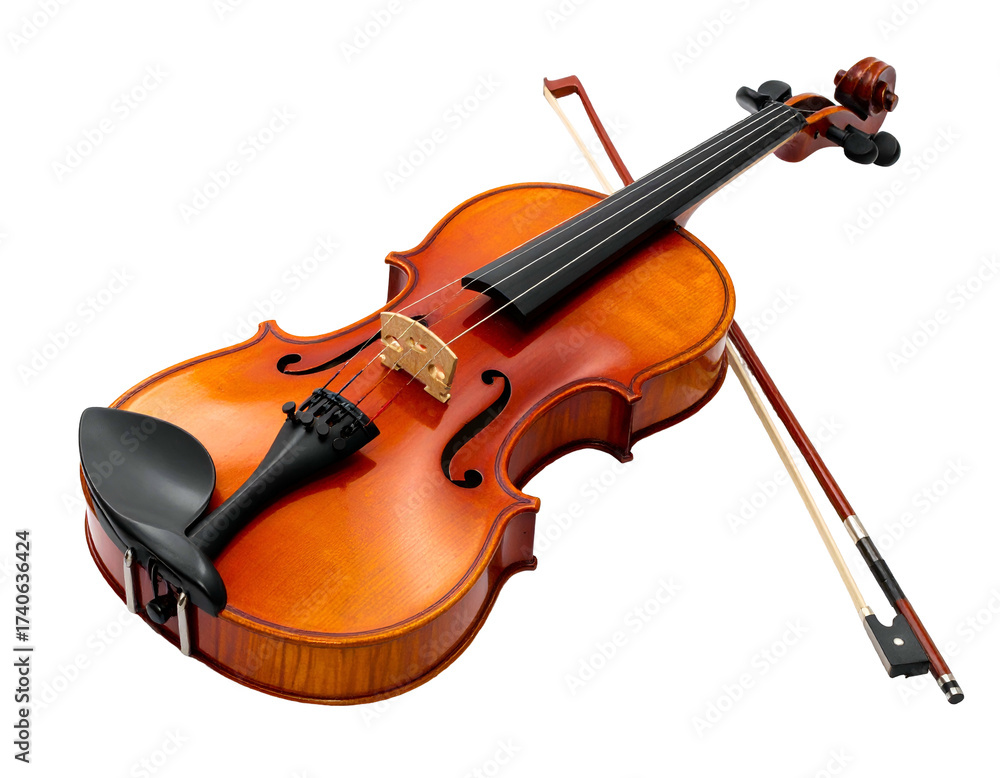 Fototapeta premium A shiny wooden stringed instrument with its bow rests across its body