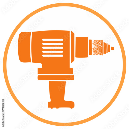 Vector icon of an orange power drill in a circle a symbol for construction and repair work