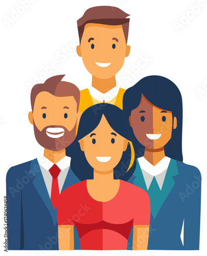Diverse group of smiling business people in casual and formal attire representing teamwork and community