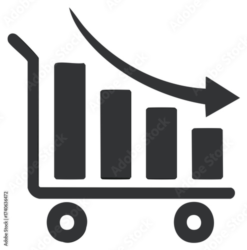 Shopping cart with downward trending bar graph and arrow icon representing sales decline