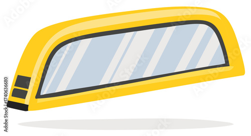 Bright yellow vehicle side mirror with reflective glass panel and black accents isolated on white background