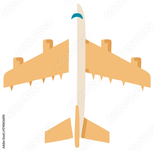 Aerial top down view of a simple orange passenger airplane vector illustration