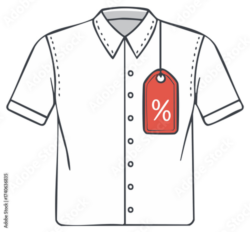 Discount on White Shirt with Buttons and Tag Illustration for Clothing Sale Promotion
