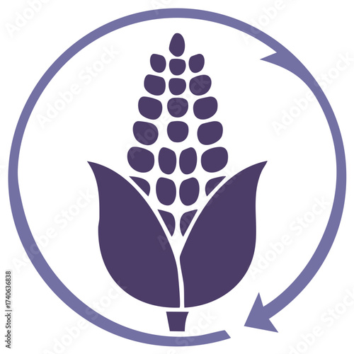 Purple corn cob icon with circular arrow symbol for sustainable agriculture food production cycle