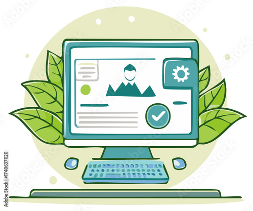 Online account setup and profile management on desktop computer with green leaves