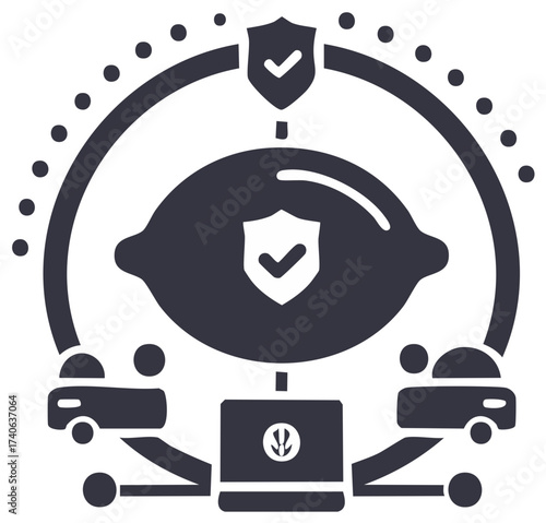 Network security concept with interconnected devices, data flow, and protection shields
