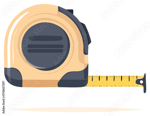 Illustrated measuring tape extending with measurement markings, construction tool