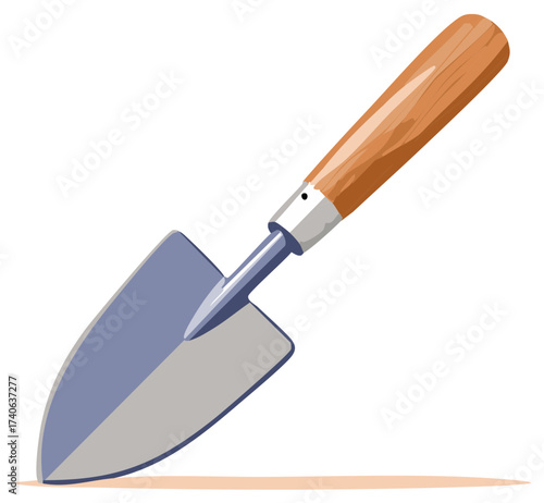 Small garden trowel with wooden handle, gardening tool for digging soil, planting flowers and vegetables, farming equipment