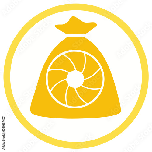 Gold Lucky Money Sack Icon with Floral Geometric Motif Inside of Yellow Circle Frame on White