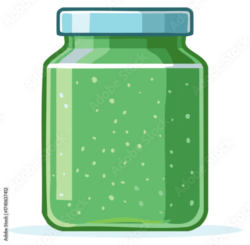 Glass jar with green substance, illustration for natural products and food storage