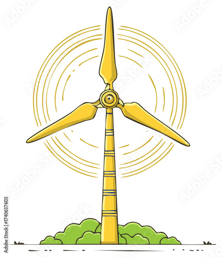 Illustrated wind turbine generating green energy in a meadow