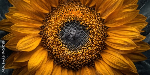 A striking, close-up photograph showcases a vibrant sunflower in sharp focus against a dark, textured background. The sunflower?s petals radiate outwards in shades of golden yellow and amber,