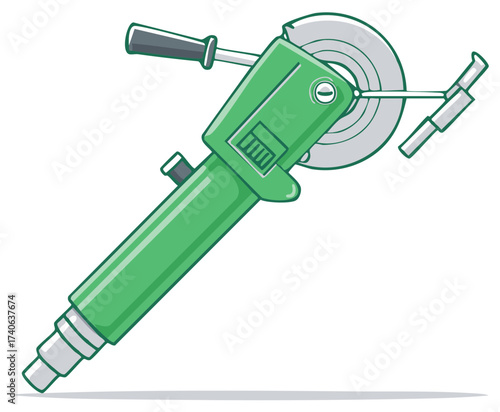 Green cartoon angle grinder, illustration of a power tool.