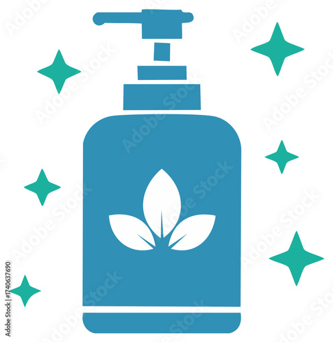 Eco friendly soap dispenser with leaf logo and sparkles. Natural cosmetics and hygiene vector icon.