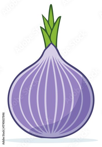 Vibrant purple onion bulb with fresh green sprouts in detailed flat design illustration