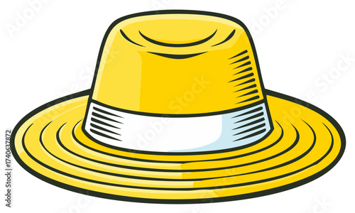 Cartoon yellow sun hat illustration with white stripe Summer style headwear fashion accessory