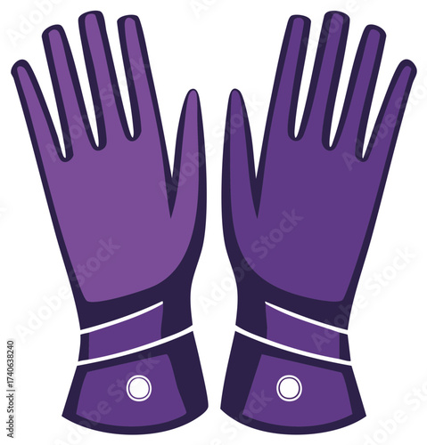 Pair of stylized purple opera gloves with dark accents and decorative buttons