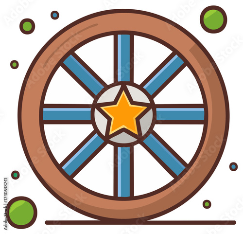 Illustrated cartoon of a wheel with spokes, a central star, and decorative floating circles.