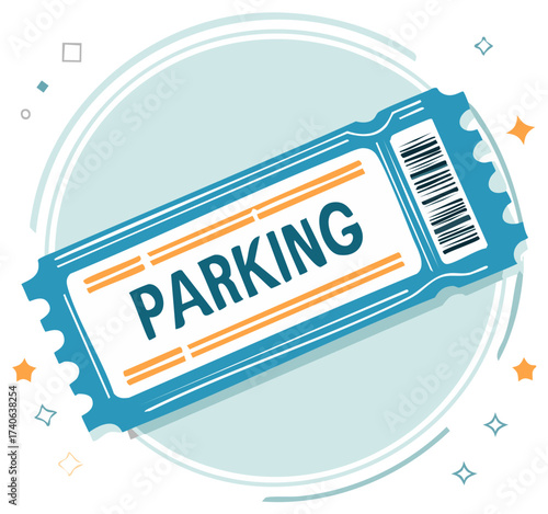 Vibrant Blue Parking Ticket Illustration with Barcode and Text on Circular Background