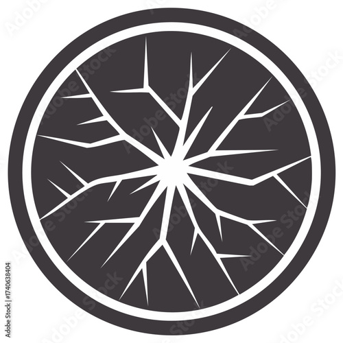 Cracked Glass Circle Symbol, Damage Graphic, Destruction Vector Icon, Breakage Visual, Fracture