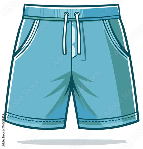 Cartoon illustration of comfortable light blue shorts with drawstring and pockets for casual activities and leisure apparel