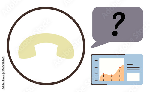 Retro phone symbol, speech bubble with question mark, and data chart combined. Ideal for customer support, business insights, communication strategy, problem-solving, analytics, feedback process
