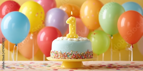 A frosted cake with a single lit candle displaying the number '1' sits on a yellow pedestal. Colorful balloons ? red, blue, yellow, pink, and green ? are arranged in the background, 