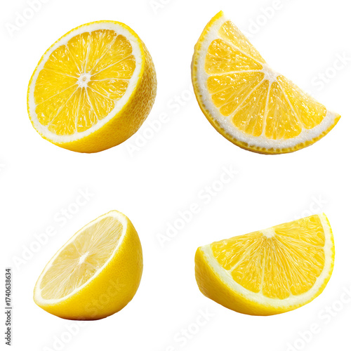 Set of fresh ripe yellow lemon fruit halves and wedges.