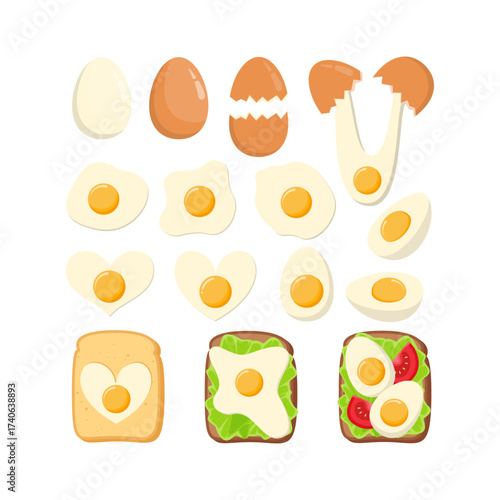 Eggs Collection. Eggshell, Fried and Boiled Eggs, Egg Sandwich Vector Flat Set.