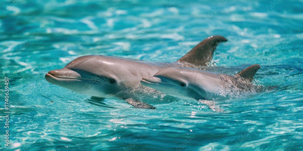 Fototapeta premium A pair of dolphins gracefully swim through clear, turquoise water. The dolphins are positioned mid-water, with one slightly ahead of the other, creating a dynamic and playful scene.
