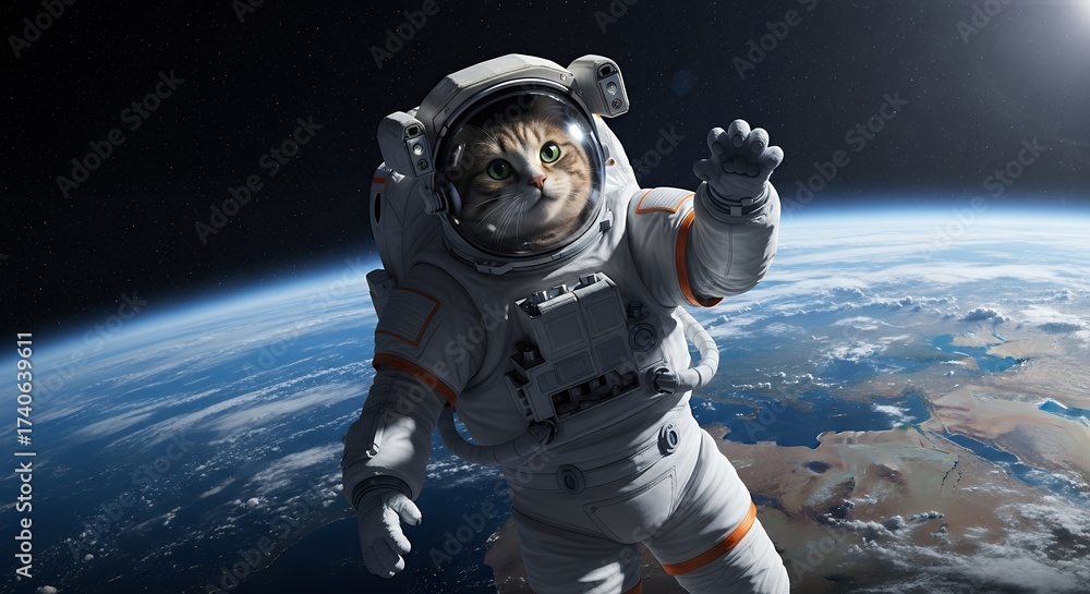 Cat Astronaut Floating in Space Above Earth.