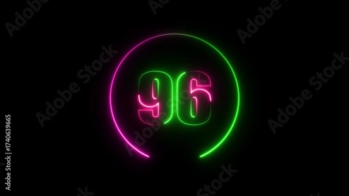 Glowing neon number 96 text animation with neon circle on black background. text number countdown animation.
