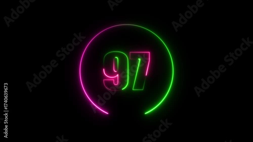 Glowing neon number 97 text animation with neon circle on black background. text number countdown animation.