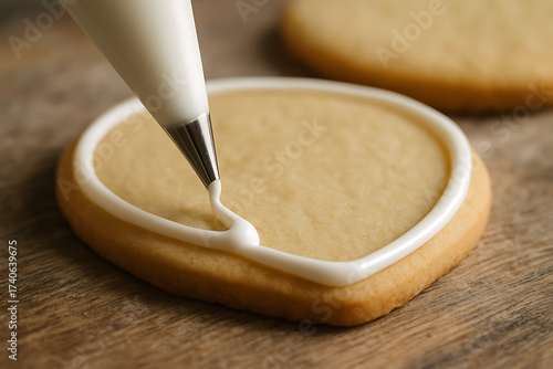Close-up of a hand decorating a heart-shaped cookie with royal icing for Valentine's Day