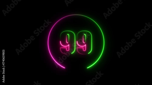 Glowing neon number 99 text animation with neon circle on black background. text number countdown animation.