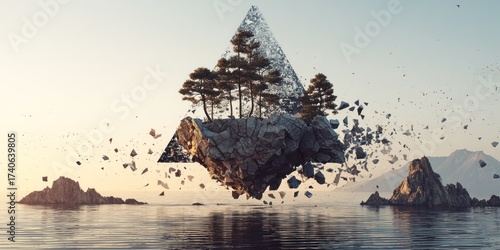 A surreal and dramatic image depicts an island fracturing into geometric shards of rock and debris, suspended in the air above a calm sea. The island itself is covered in a cluster of pine trees,