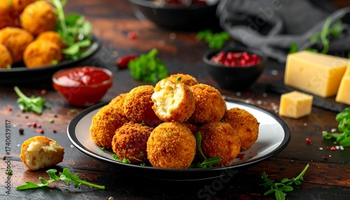 Close-up of golden-brown, fried cheese balls on a plate