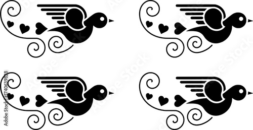 Four stylized black birds with hearts and swirls, a decorative motif