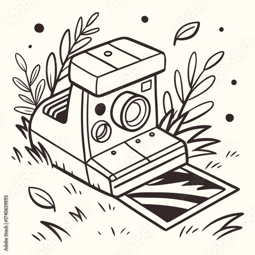 A charming hand drawn illustration of a vintage instant camera with a developing photo emerging from the slot surrounded by whimsical leaves and dots