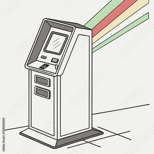 Modern digital kiosk machine with colorful abstract lines emanating from the top right corner against a light background
