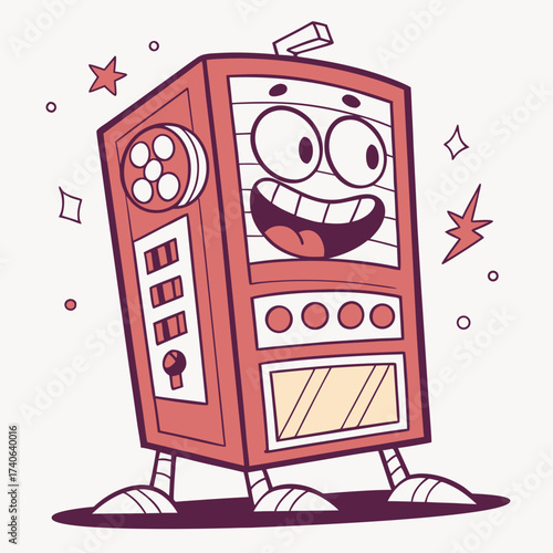 Retro cartoon character robot with a happy excited face and a vintage vending machine design on white background