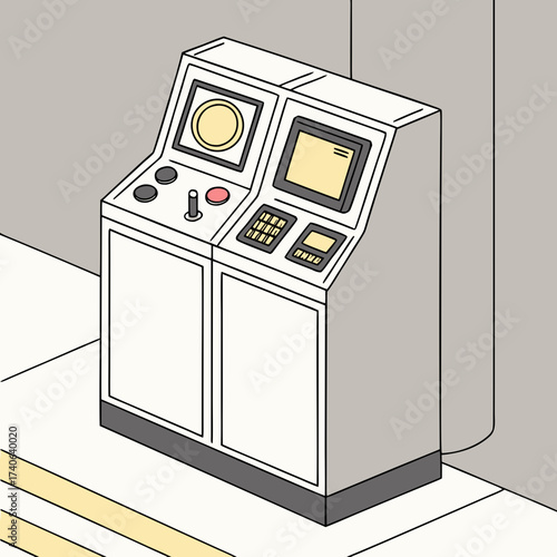 Retro futuristic control panel with screens buttons and joystick in a minimalist industrial setting
